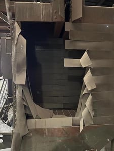 BCP monorail, (8) 15 HP blast wheels, 36" x 48" T work opening, spill hopper/blow off