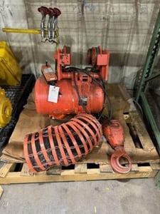 5 Ton, CM #7032, electric chain hoist, 10/3 FPM, 20' Lift, manual trolley, chain bucket, hand control, S/N