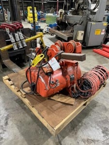 5 Ton, CM #7032, electric chain hoist, 12/4 FPM, 20' Lift, manual trolley, 5 HP, chain bucket, S/N H921HX