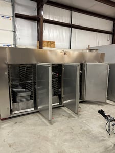 4 Door industrial dehydrator, with 8 carts & 480 mesh trays, 70 KW, new surplus