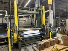 Cameron #438, 72" (2) drum slitter rewinder, 60" rewind with A & F sahaftless unwind stand