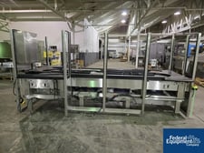 46" wide x 11.2' long, Bi-Flow conveyor w/ changeable rails, 4-section