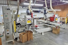 Koch #SBD-B, feed thru double end trim, bore & dowel boring machine, 1.18" x 9.8" x 98.4" capacity, 2005