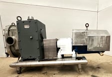 300 psi, Fristam #FKL250, Rotary Lobe Pump, 4" in/out, 600 RPM, 15 HP, 1780 Sew-Eurodrive motor, 5.99:1 ratio