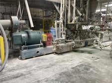 Coperion Mega, compounder w/ 11 barrel sections, 900 RPM, 2.3" screw, 34:1 L/D, 500 HP, w/ 450 GPM water