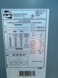 15 KVA 480/240 Primary, 120/240 Secondary, Hammond Power Solutions distribution transformer