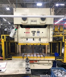 121 Ton, Aida #NC2-110(2), double crank gap frame press, 7.08" stroke, 15.7" Shut Height, 13.8" throat, 3.54"