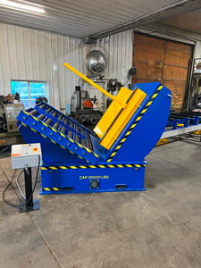 20000 lb. Coilquip #MU20000VR, mechanical coil upender, 70" OD, powered roller deck, removable 3-pos. V-saddle