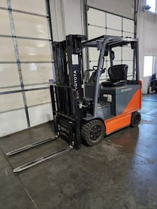 5000 lb. Toyota #8FBCHU25, electric forklift, 189" mast height, 72" turning raduis, cushion tire, 2016
