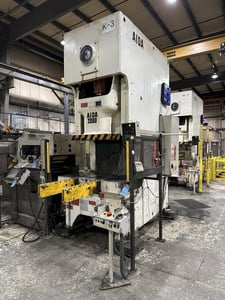 200 Ton, Aida #NC1-2000(2)E, single crank gap frame press, 54.7" x 33.1" bed, 9.84" stroke, 25-50 SPM, 4.33"