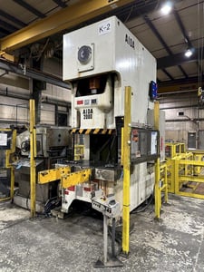 200 Ton, Aida #NC1-2000(2)E, single crank gap frame press, 54.7" x 33.1" bed, 9.84" stroke, 25-50 SPM, 4.33"