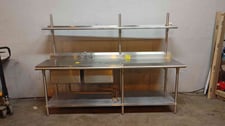Stainless Steel dual basin prep table w/sink cover & tiered sh, 8' length, 20" x 20" x 12" Sink Basins