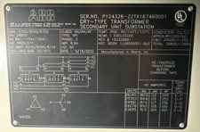 3750 KVA 24900 Primary, 480Y/277 Secondary, ABB Dry-Type Secondary Unit Substation Transformers, AN, 80&deg;C