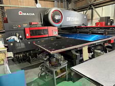 22 Ton, Amada #EM-2510NT, CNC servo driven turret punch, 50" x196" sheet, 1.45" stroke, 50" throat, 58