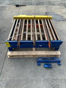 54" width x 150" L, Lewco #NS-T02C25, chain driven live roller conveyor, w/ 3 part chain transfer, 3/4 HP