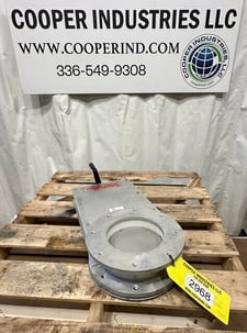 8" Lorenz #MGR-800-AL-RD-HC, Stainless Manual Knife Gate, 4.25" H Inlet to Outlet, 13.5" Mounting Flange