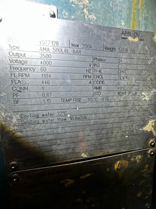 3500 HP 1194 RPM ABB, Frame 500L6L, TEWAC, 0.87 PF, 1.15 service factor, 4000 Volts