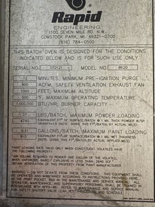 96" width x 72" H x 240" L Rapid Engineering Engineering, convection powder coating batch oven, walk-in