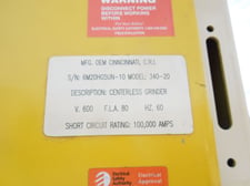 Cincinnati No. 340-20 Mdl. DE, twin grip centerless grinder, 6" diameter work capacity, 20" thru-feed work