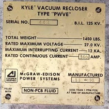 560 Amp, KYLE, PWVE, 27000 Volts, KYLE AUTO VACUUM RECLOSER, OUTDOOR