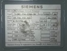 1200 Amp, SIEMENS, 5GMI-350-1200-78, 4160 Volts, 120 VAC CLOSE & TRIP, electrically operated, D/O:1