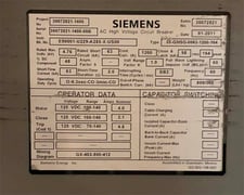 1200 Amp, SIEMENS, 05-GMSG-0063-1200-164, 4760 Volts, 2010, 125 VDC CL/TR/MOT