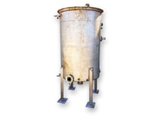 500 gallon Stainless steel tank with pipe coils, 42" dia. x 66" straight side, sloping bottom, oen top