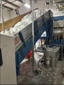 110 lb. Milnor #CONWA306, continous batch washer, 6 pockets, 480 V., loading/weighing conveyor, 1998