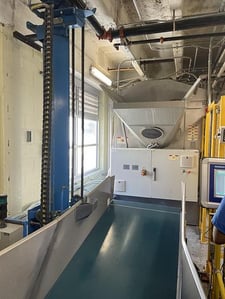 110 lb. Jensen #CL500, slim line batch washer, 480 V., 49.7 amps, weighing/loading elevator conveyor, 2013