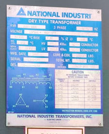 2000 kVA, 13750 DELTA Primary, 480/277 WYE Secondary, NATIONAL INDUSTRIES Dry Type