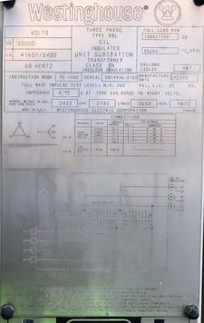 1000/1120 kVA, 33000 DELTA Primary, 4160/2400 WYE Secondary, Westinghouse Substation