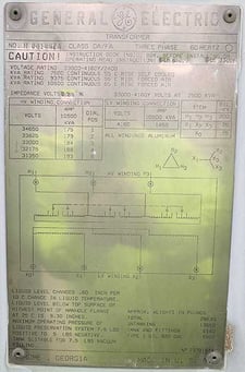 7500/9375/10500 kVA, 33000 DELTA Primary, 4160/2400 WYE Secondary, GENERAL ELECTRIC Substation