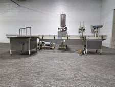 Simplex #F, Piston Filling Line w/Product Hopper, Chain Belt Conveyor, 48" Accumulation Table