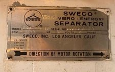 72" Sweco, Screen, Stainless Steel, Single Deck, 5 HP, 230/460 V Motor
