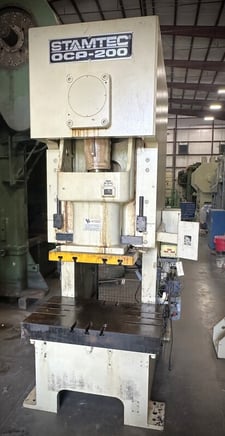 220 Ton, Stamtec #OCP-200, OBI single crank flywheel machine, 7.9" stroke, 17.7" Shut Height, 31" between