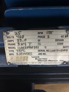 25 HP 1185 RPM Siemens, Frame 324T, 460 Volts