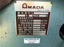 1/4" x 6' Amada #M-2060, Power Squaring Shear, 39" Back Gauge, 7 HP, 90.5" blade, 60 SPM, 9 holddowns