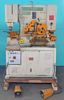 4.5" x 4.5" x 3/8" Geka Ironworkers #H-50, Multi-Station Ironworker, 55 Ton capacity, 1.125" x 0.5" Punch