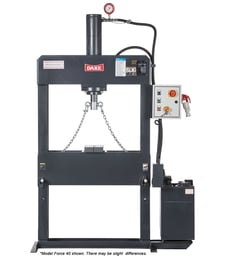 100 Ton, Dake #Force-100, H-Frame Press, 100 mm Ram diameter, 19" Ram Travel, 180 mm Bore, 35" max Ram to