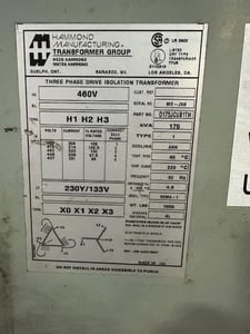 175 KVA 460 Primary, 230Y/133 Secondary, Hammond Dry Type