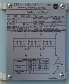 1000 KVA 13800 Primary, 480 Secondary, Stein, Delta-Delta oil filled transformer