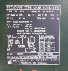50 KVA 13860/8000 Primary, 240/120 Secondary, Moloney, single phase pad mount transformer