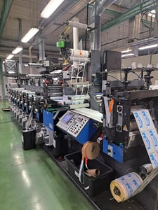 Gallus #EM280-9, printing press, 9 color, 1 die cutter, front loading unwinder, 3" expansion shaft, 2003