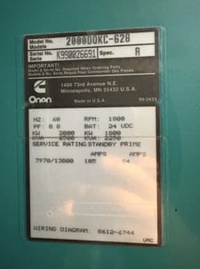 2000 KW Cummins #2000DQKC-628, diesel generator, 2500 KVA, 13800 Volts, 566 hours