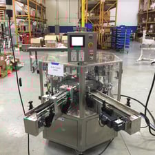 Accutek #FPC-2, Bottling Line, w/Filler, Plugger, Capper, Labeller, 42" diameter Unscrambling Turn Table, 42"