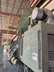 Goff #SB-425, shot blast roller conveyor system, (4) 25 HP wheels, 24" W x 42" H, dust collector