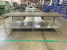 Heavy duty metal steel frame table with drawer, 10' L x 4' W x 3' H table, plastic table top cover