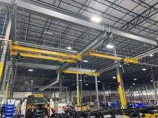2 Ton, (4 x 2 Ton), Demag, 22' 10" each span, 20' lift, radios, VFD bridges/trolleys, 55' W x 48' L x 28' H