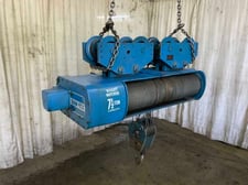 7.5 Ton, Shaw-Box #X115481-33, remote control cable hoist, 33' lift height, 25 RPM, power trolley
