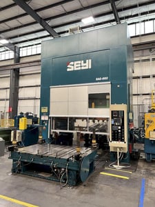660 Ton, Seyi #SAG660, straight side double crank stamping press, 9.8" stroke, 33.4" Shut Height, 5.9"adj.